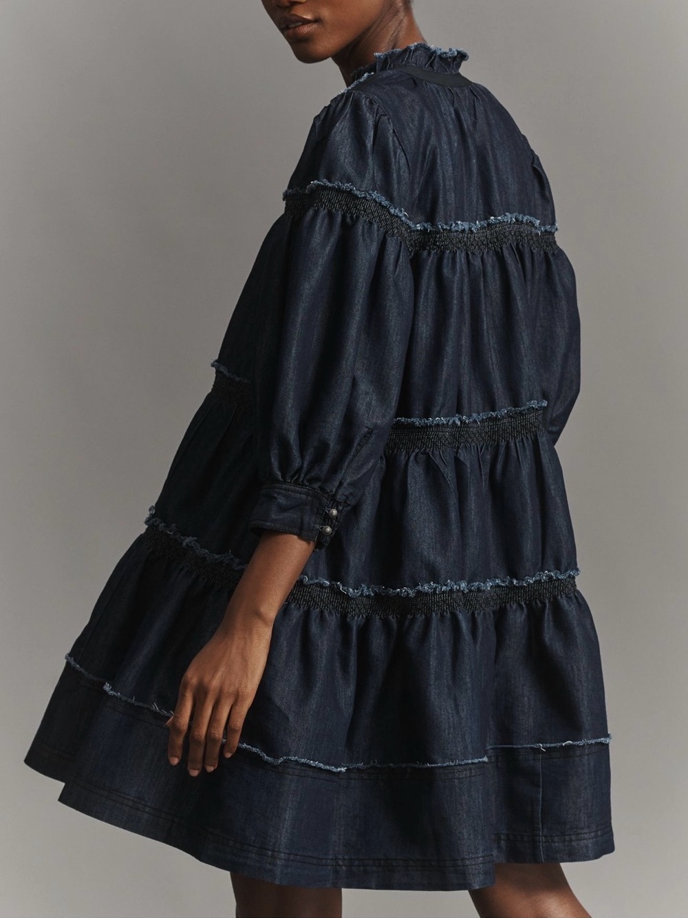 Pilcro Tiered Denim Swing Smock Dress Small Navy Jean - Picture 3 of 16